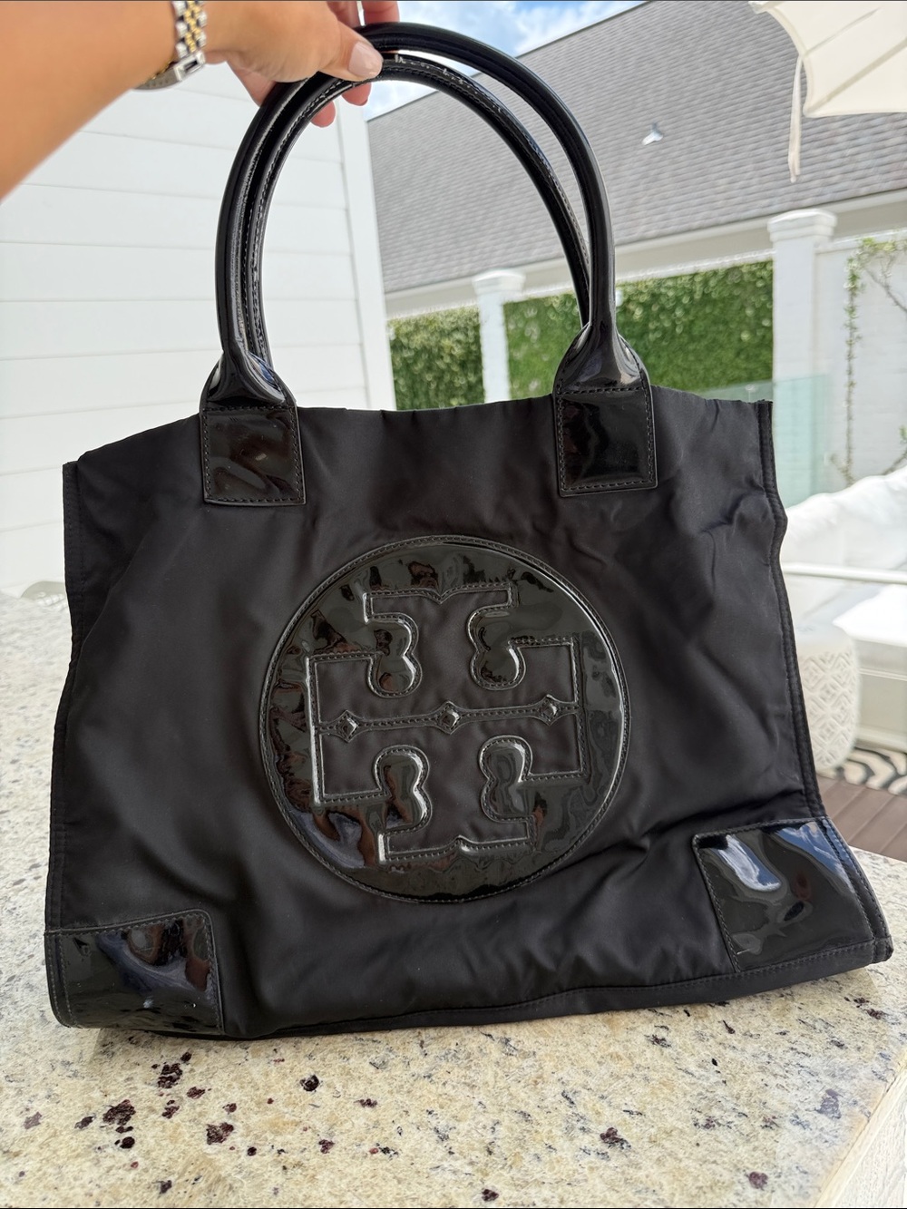 Tory Burch Black Nylon Tote with Patent Logo Detail